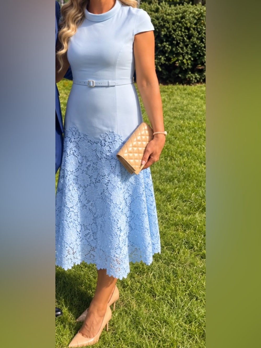Feminine Powder Blue Lace-Panel Midi Dress with Belt